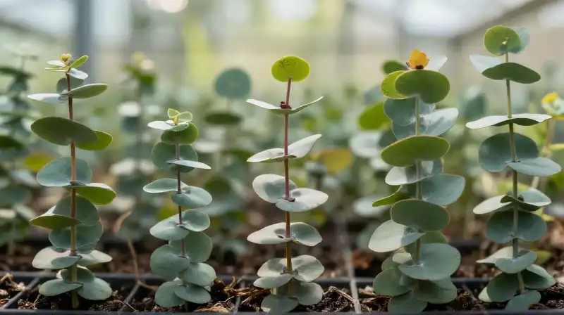 Vibrant eucalyptus seedlings grow in a softly lit indoor greenhouse