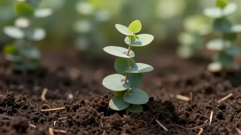 A vibrant green eucalyptus seedling thrives in rich, sunlit garden soil
