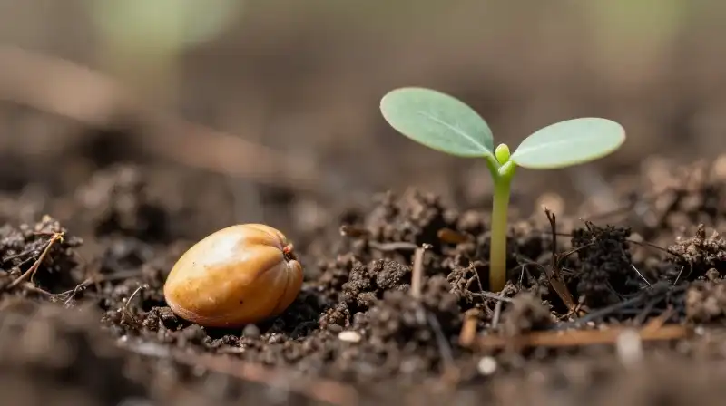 Delicate seedling sprouts from eucalyptus seed in moist soil
