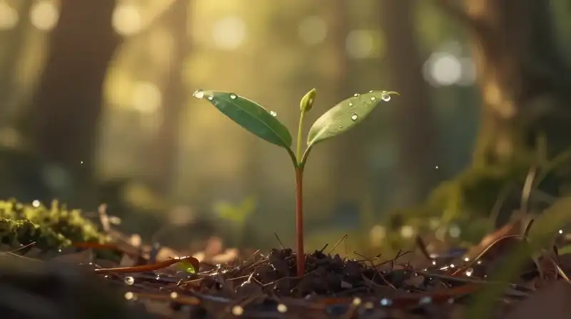 A glowing eucalyptus sprout sits amidst a dew-kissed, damp forest floor