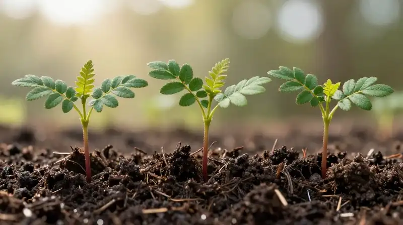 Detailed seedlings grow from rich soil bathed in soft morning light