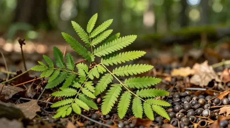 Bright sumac seeds scattered on a sunlit forest floor