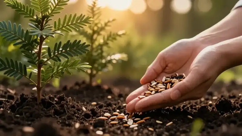 A person scattering seeds into dark soil with glowing saplings