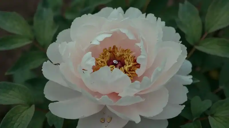 A detailed peony bloom intertwined with intricate ferns and subtle metallic mechanics