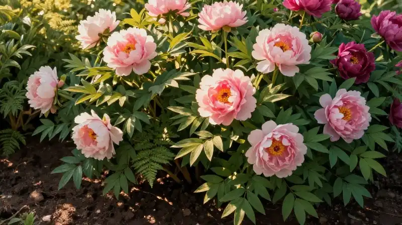 Golden sunlight illuminates vibrant blooming peonies, delicate ferns, and dark soil