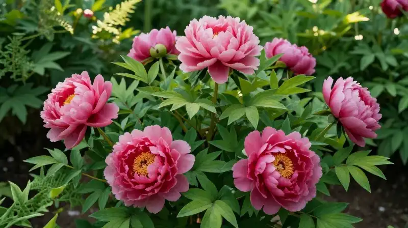 Vibrant peonies and ferns thrive in dappled garden sunlight