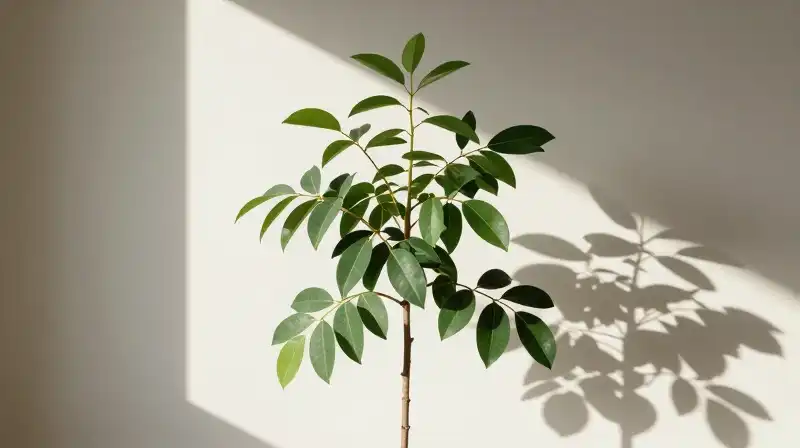 Split Ficus plant: sharp sunlight contrasts soft indoor illumination