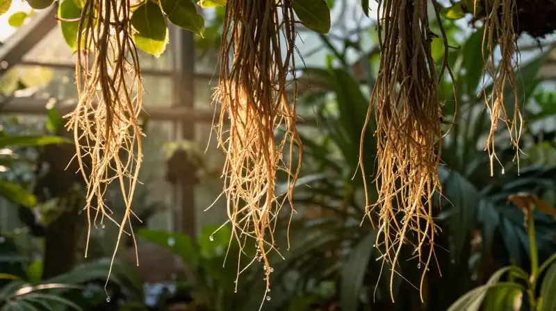 Dappled golden light illuminates roots suspended in water