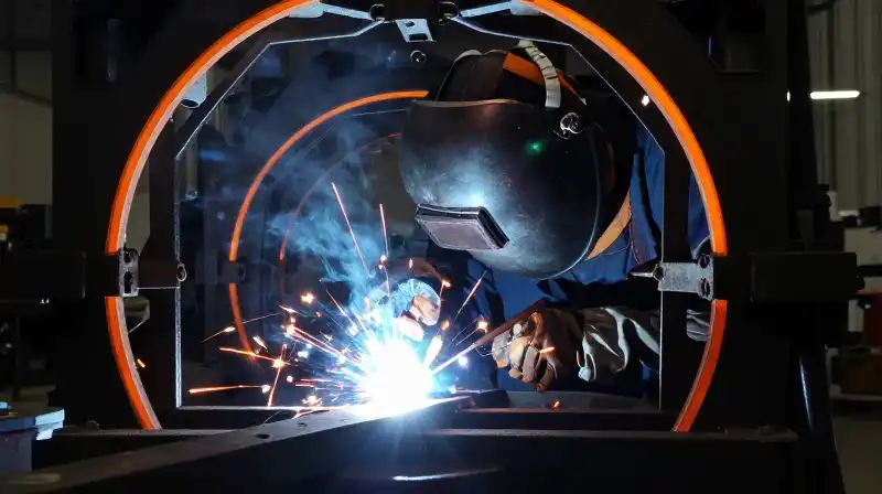 A fiery welder illuminates a detailed industrial framework in dramatic orange haze