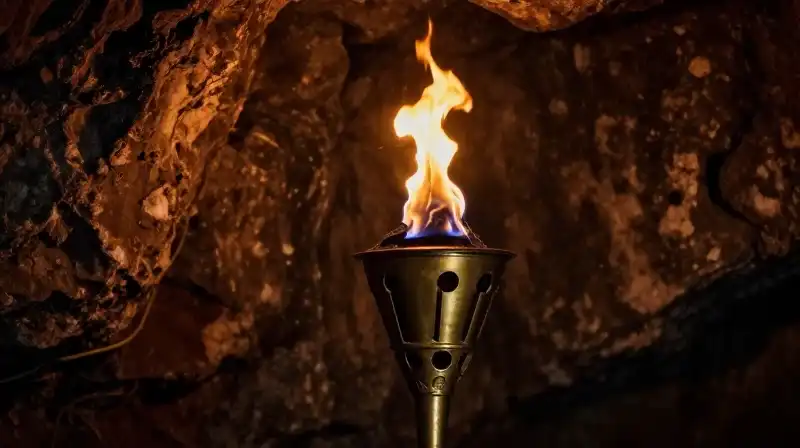 A brass torch burns vividly within a shadowy, rough cavern