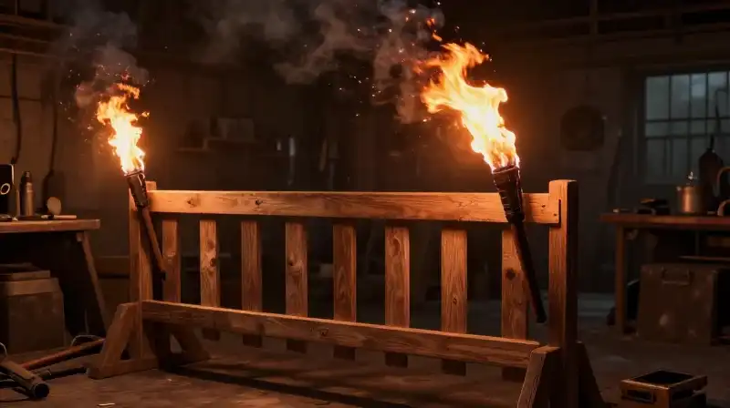 A fiery torch glows dramatically against a smoky wooden workshop