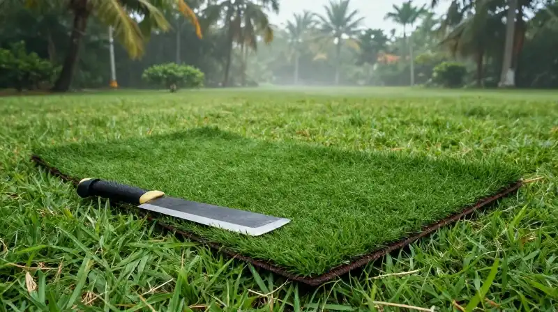 Vibrant green turf and a machete surrounded by humid mist