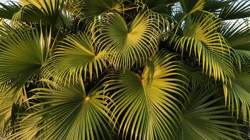 Detailed fronds shimmer in the warm tropical sunlight
