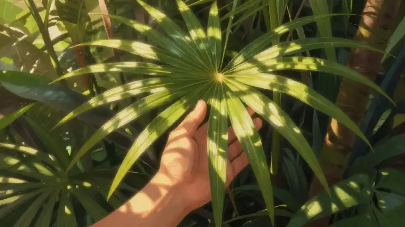 A hand gently tends a solitary fox palm amidst lush tropical sunlight