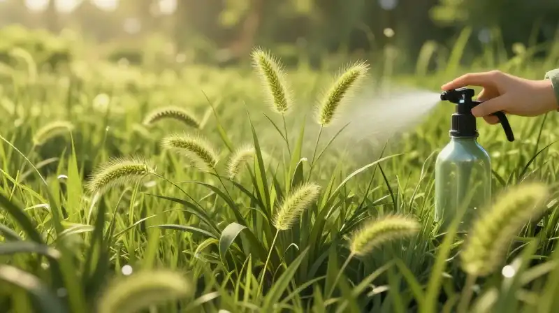 Mist swirls around sunlit, detailed foxtail weed patch