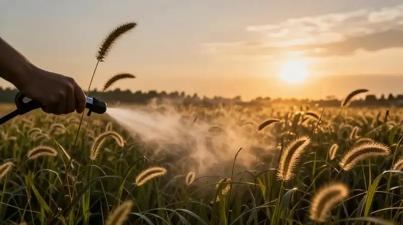 Golden mist surrounds foxtail weeds across the dramatic dawn field