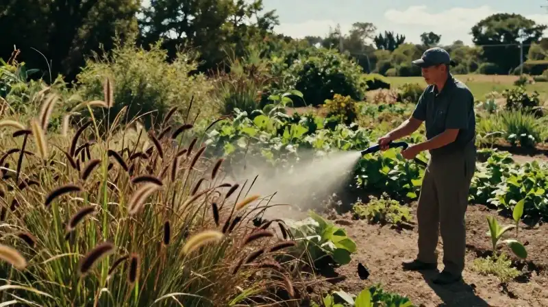 Bright sunlight highlights vivid herbicide application on garden weeds