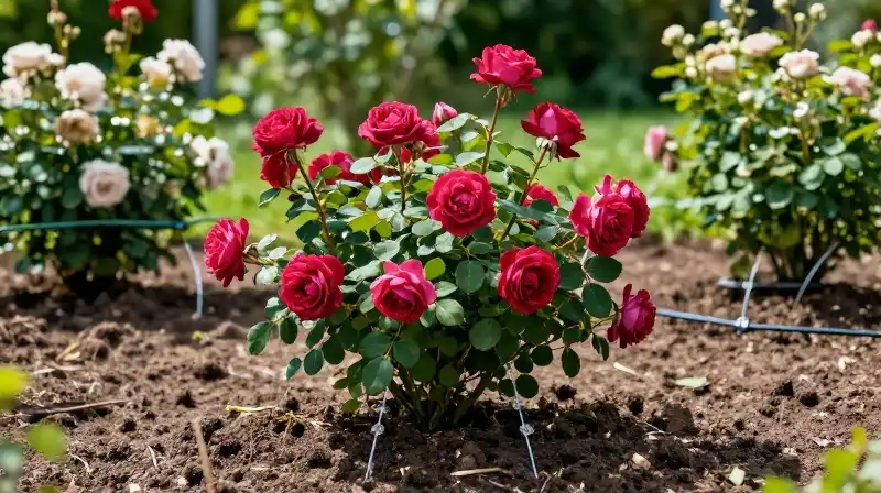 A vibrant rose bush flourishes under dramatic sunlight in a lush garden