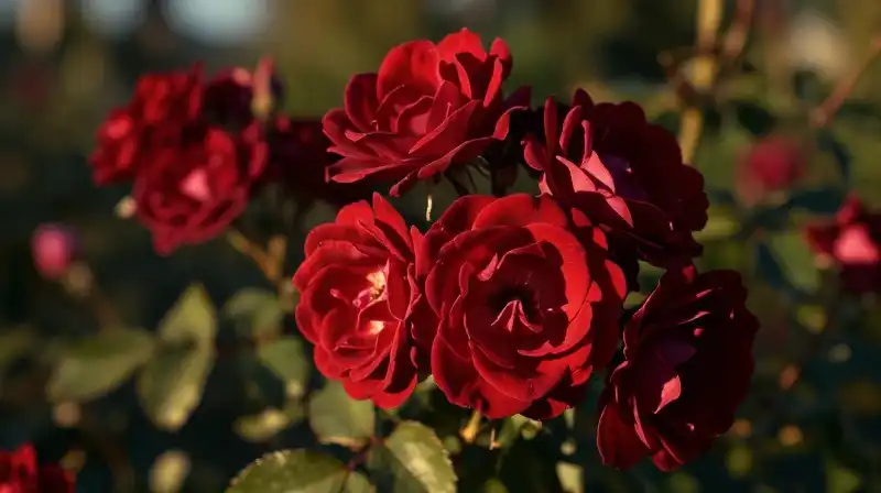 A vibrant scarlet rose blooms in a lush, golden-lit garden