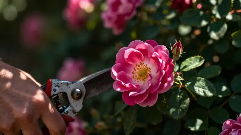 A weathered hand cuts a vibrant rose bloom in dappled sunlight