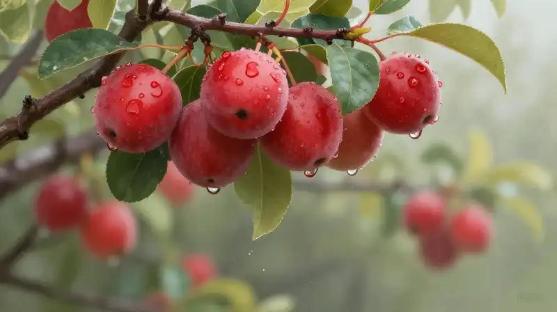 A lush tree, dewed and splashed with vibrant red, glows in soft morning light