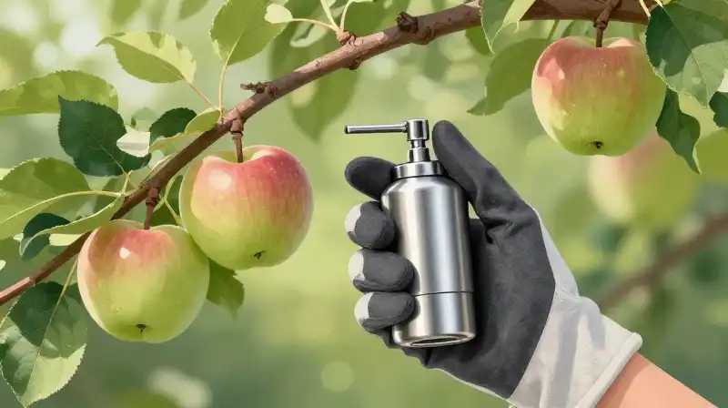 A gloved hand holds a silver atomizer over lush, ripening fruit