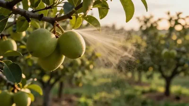 Golden mist surrounds a lush, dramatically illuminated fruit branch