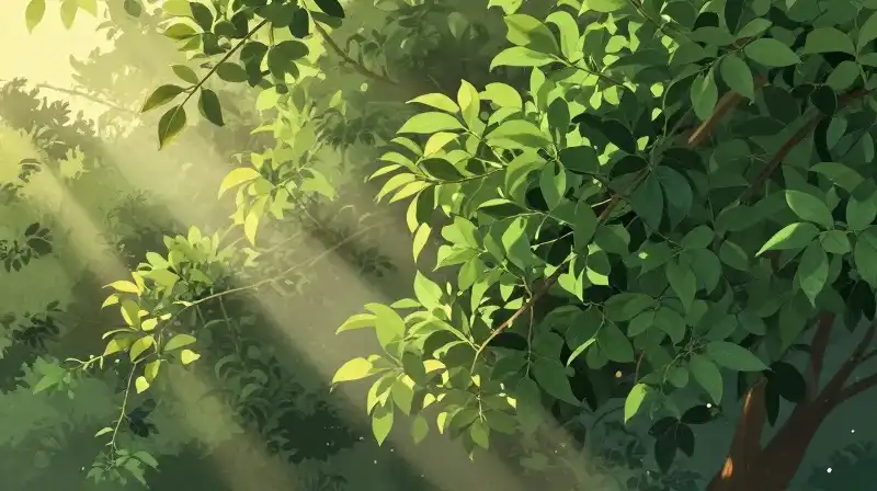 Golden hour light illuminates a lush, misty fruit canopy
