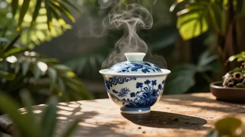 Ceramic teaware steams on a lush patio under dappled golden sunlight