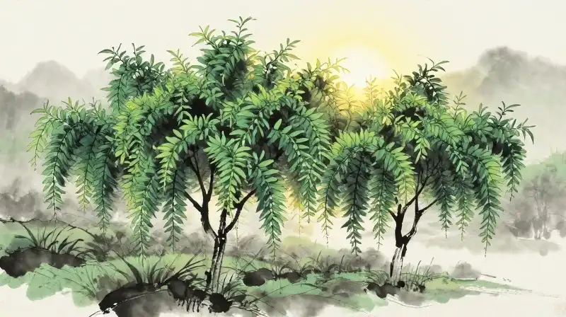 Structured tea leaves cascade through a serene, misty garden