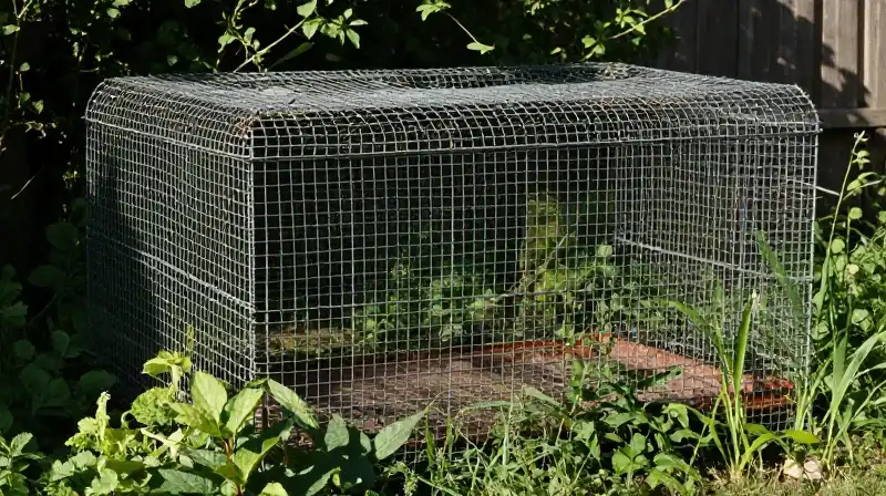 Rusty wire cage sits overgrown in a sun-dappled backyard