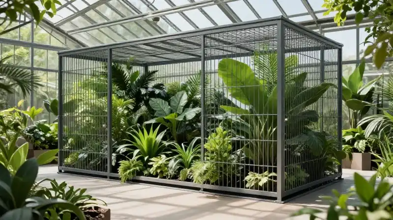 A sleek industrial cage houses lush, vibrant green plants under a bright sun