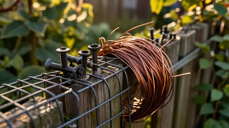 Glowing iron, copper, and wood tangle in a lush, sunlit garden