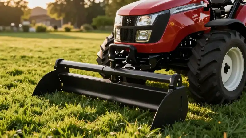 Golden hour highlights a tractor on a vibrant, meticulously cut green lawn