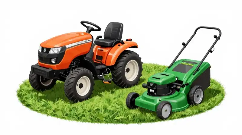 Bright orange tractor and green mower split the sunny landscape