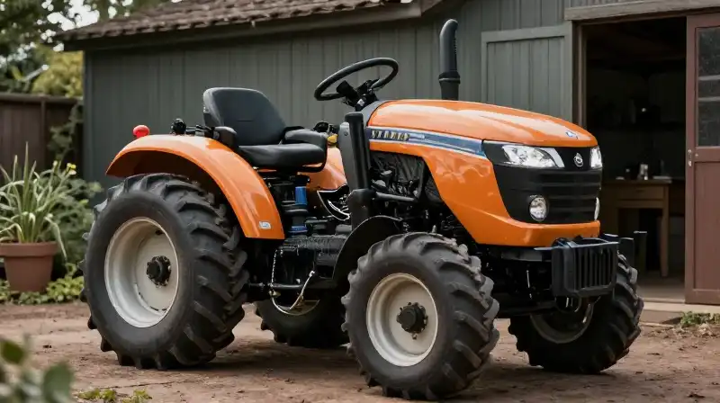 A powerful green tractor stands sharply against a detailed garden shed