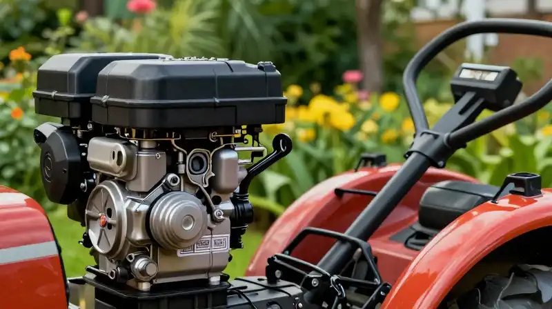 Detailed engine parts contrast with a dramatic, lush garden backdrop
