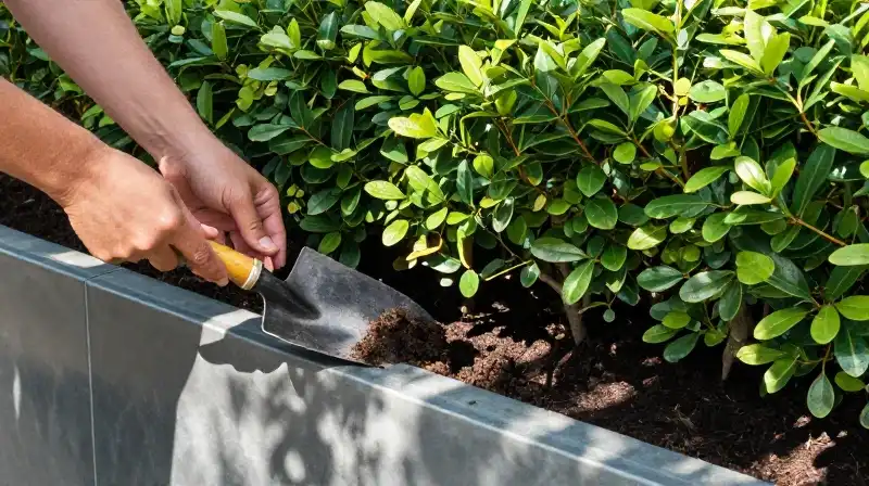 Hands plant a lush inkberry hedge in a geometric metal planter