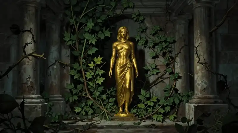 A tarnished golden effigy trapped by dark thorny vines