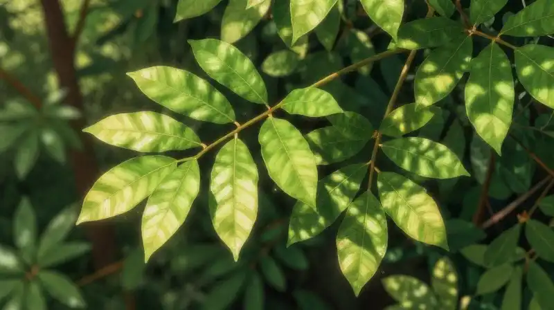 Golden and vibrant green leaves illuminate the lush forest floor