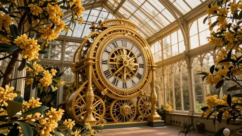 A golden clockwork mechanism sits amidst lush, flowering privet in a sunlit greenhouse