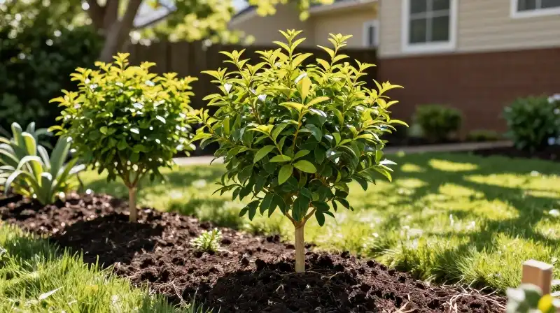 A young golden vicary plant with stakes grows in rich soil under sunlight