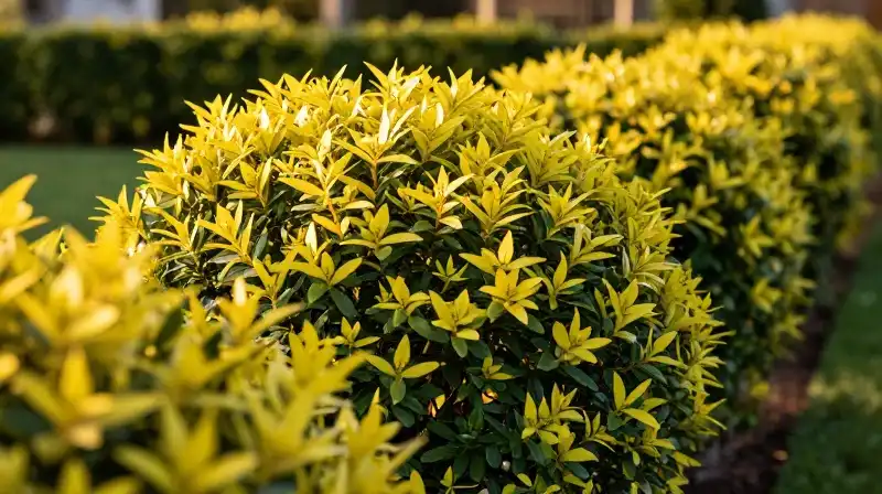 Dense golden privet hedges glow in a sun-dappled garden
