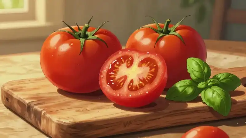 Vibrant tomatoes and fresh basil glow on a rustic wooden board