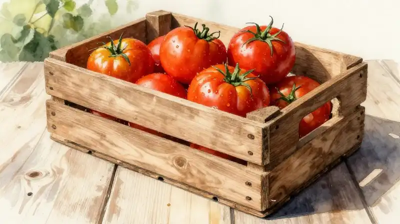 Sunlit farmhouse table holds a crate of vibrant heirloom tomatoes