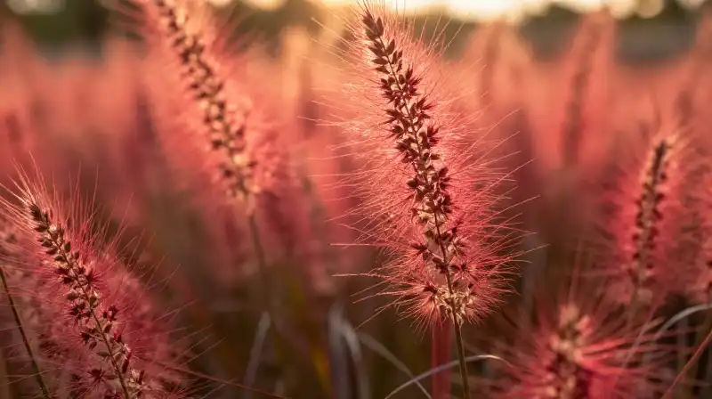 Vibrant red ornamental grass glows in warm, detailed golden afternoon light