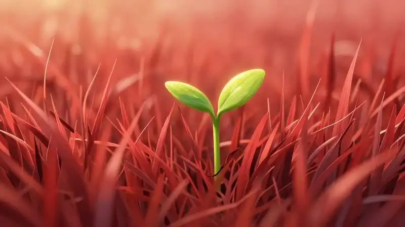 Luminous green sprout among vibrant red grass at golden hour