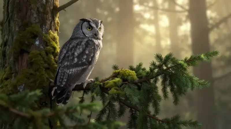 A wise grey owl perched in a mist-filled, golden mossy forest