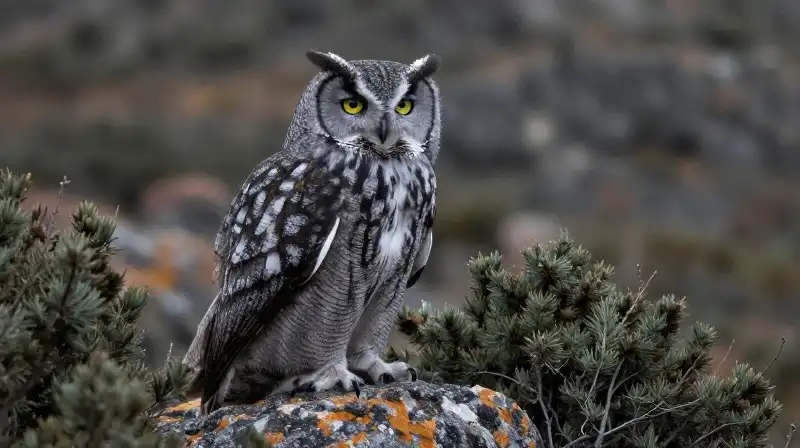 A majestic grey owl perches dramatically on a rugged, rocky hillside