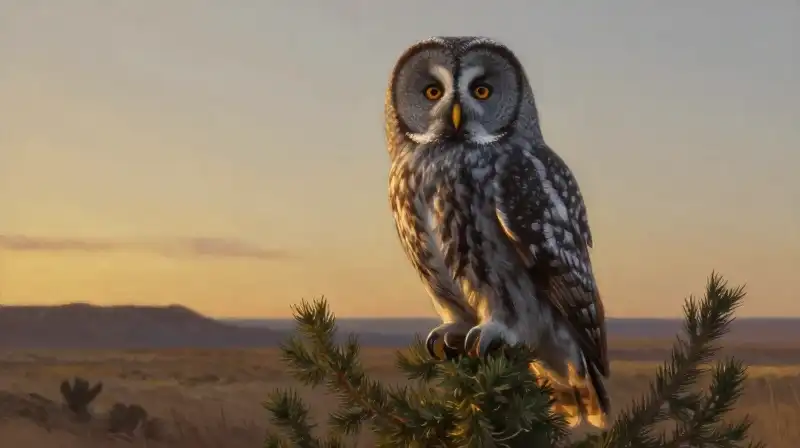 Grey owl perched on juniper under dramatic golden hour light